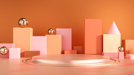 3d podium minimal scene with geometrical product. Pastel colors podium, minimal style display. Scene to show cosmetic products. 3d render.の写真素材