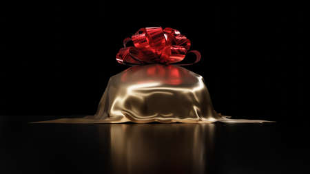 Front view of luxury car prize, gold silk cloth car cover isolated on black background. 3d render.の写真素材