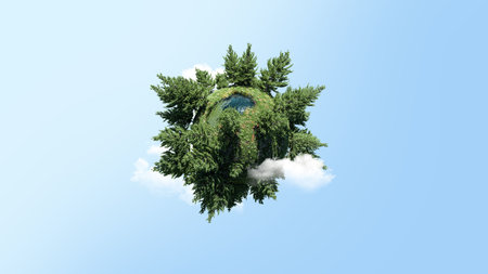 Small garden planet with lake on isolated blue sky backgroundの写真素材