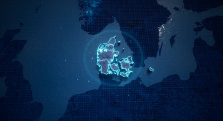 Abstract  geometric futuristic concept 3d Map of Denmark with borders as scribble,  blue neon style....