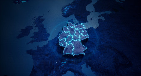 Abstract  geometric futuristic concept 3d Map of Germany with borders as scribble,  blue neon style. 3d renderingの写真素材