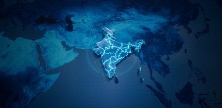 Abstract  geometric futuristic concept 3d Map of India with borders as scribble,  blue neon style....