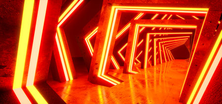 Futuristic Sci-Fi Abstract Orange And Red Neon Light Shapes. 3D Illustration, metaverseの写真素材
