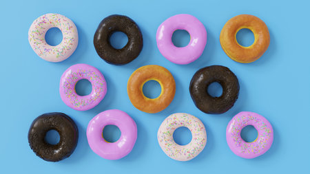 Assorted donuts with colorful icings on blue background. Colorful donuts background. Various glazed doughnuts with sprinkles.の写真素材