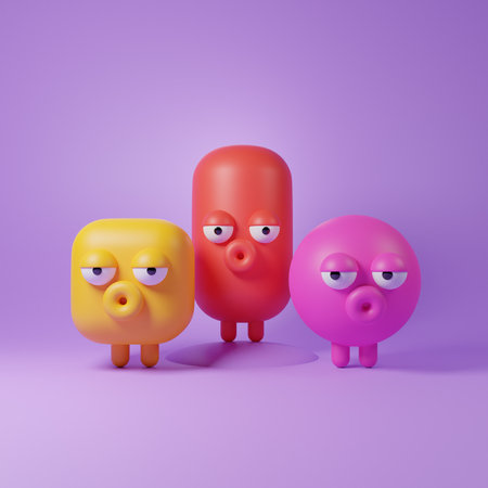 Emotion dull brothers, yellow, red and pink dull monsters on purple background. 3d renderingの写真素材