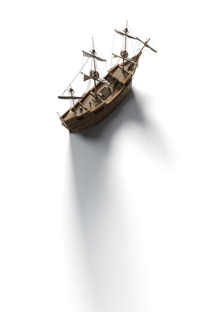 Top view of wooden sailboat sails steampunk fantastic wooden Dutch ship in the style of engraving. Isolated On White background with clipping path.の写真素材