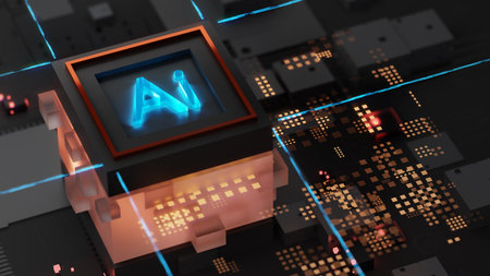 3D Illustration: Advanced Mobile Microprocessor Connecting with a Motherboard and Activates entire System. Ai Letters on Chip Glowing. Energy Pulse Expanding CPUの写真素材