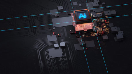 Ai CPU Chip on Motherboard - abstract 3D render of a computer processor chip on a circuit board with...