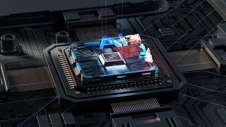 Futuristic microchip processor with lights on the black background. Quantum computer, large data...