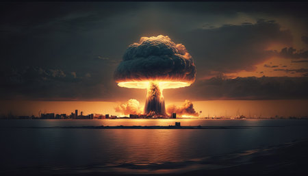 Nuclear explosion on the background of the city. Generative Aiの素材