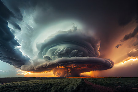 Big tornado in the field. Dramatic stormy sky. Nature background. Generative AIの素材