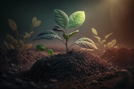 Plant seedling growing in soil with sunlight. Ecology concept. Generative AIの素材