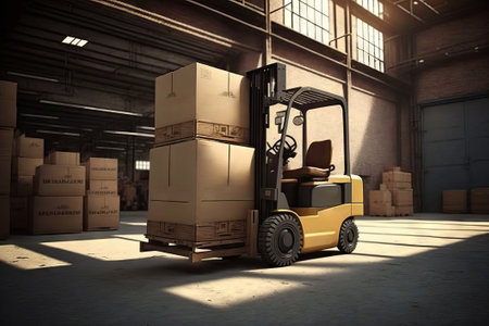 Forklift with cardboard boxes in warehouse. Generative AIの素材