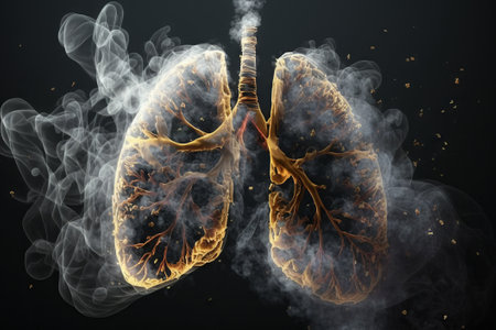 Human lungs with smoke on a black background. Anti smoking concept. Generative AIの素材