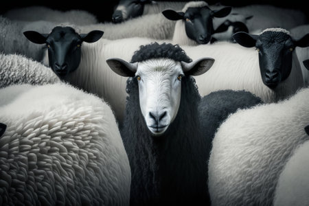 Black sheep white face in a flock of sheep. Generative AIの素材