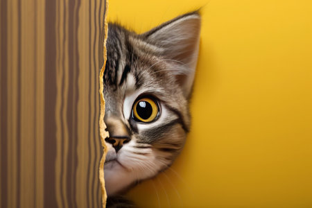 Cute tabby kitten peeking through hole in yellow paper, closeup. Generative AIの素材