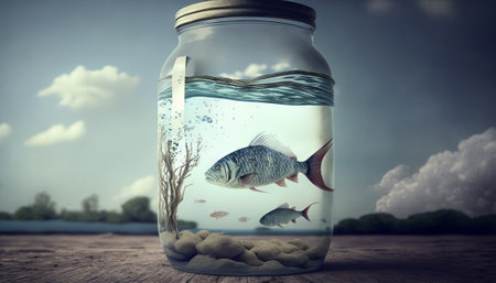 Fish in a glass jar with nature background. Generative AIの素材
