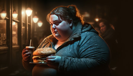 Fat woman with hamburger and a drink in a dark room. Generative AIの素材