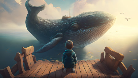 Little boy looking at the whale in the sea. Generative AIの素材