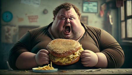 Fat man eating hamburger and french fries. Junk food concept. Generative AIの素材