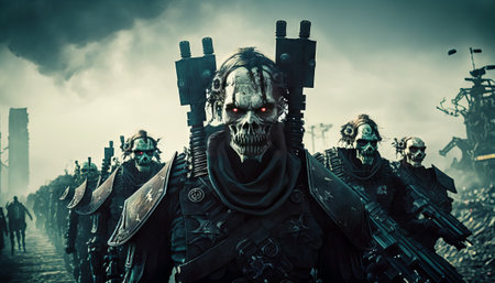 Fantasy scene with zombies on the road. Halloween. Horror movie. Generative AIの素材