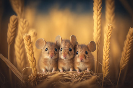 Three little mice in a wheat field on a background of golden wheat ears. Generative AIの素材