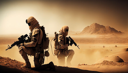 soldiers in the desert at sunset. Generative AIの素材