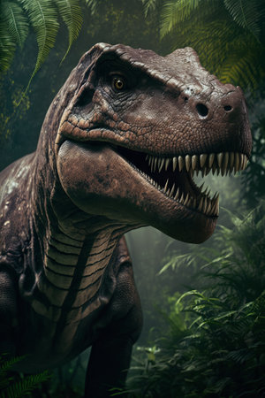 Dinosaur Tyrannosaurus Rex in the forest. Generative AIの素材
