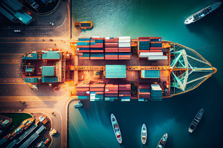 Container Cargo freight ship with working crane bridge in shipyard for Logistic Import Export background. Generative AIの素材