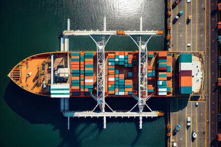 Container Cargo freight ship with working crane bridge for Logistic Import Export background. Generative AIの素材