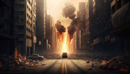 Image of burnt road with burning cars. Generative AIの素材