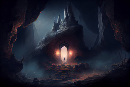 Mystical dark cave with door and light coming out of it. Generative AIの素材