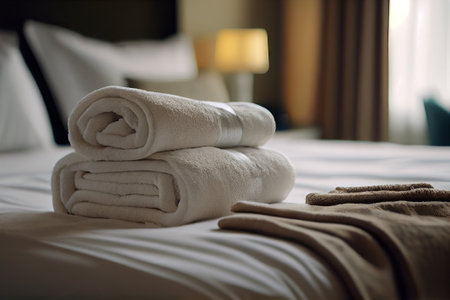 White towel on bed decoration in hotel bedroom interior - Vintage Light Filter. Generative AIの素材