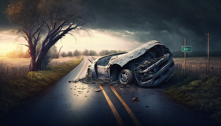 Car crash accident on the road in the countryside. Conceptual image. Generative AIの素材