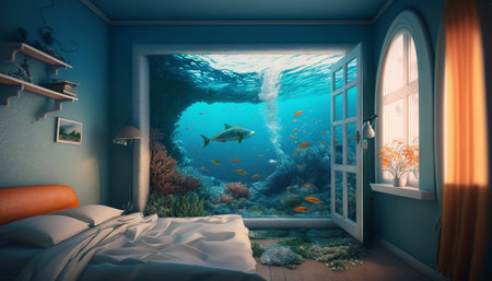 Interior of a room with a window and a view of the underwater world. Generative AIの素材