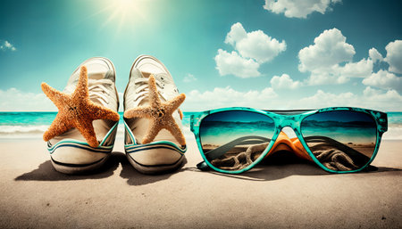 Sneakers with starfish and sunglasses on the beach under blue sky. Generative AIの素材
