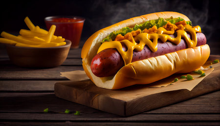 Hot dog with mustard, ketchup and french fries on wooden table. Generative AIの素材