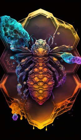 Fractal illustration of a dragonfly with a honeycomb background. Generative AIの素材