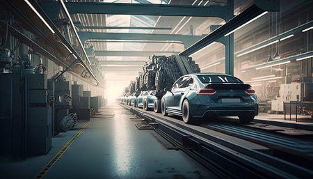Generative AI of a modern car in a factory. Automotive industryの素材