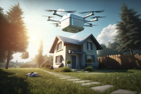 Drone flying over the house. Drone deliver parcel concept. Generative AIの素材