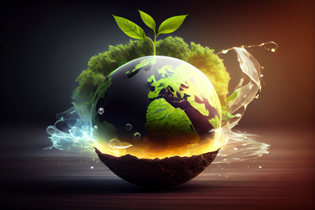 Ecology concept with planet earth and green sprout on dark background. Generative AIの素材