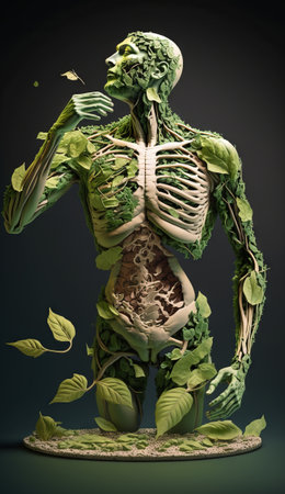 Generative AI illustration of a human skeleton with green leafs.の素材