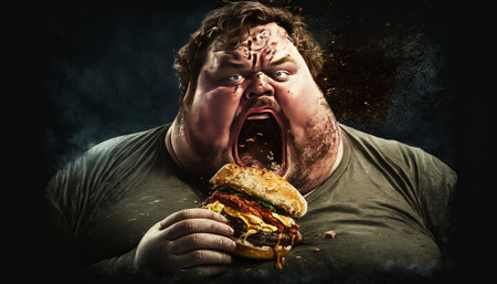 Hungry fat man eating hamburger on dark background with splashes. Generative AIの素材