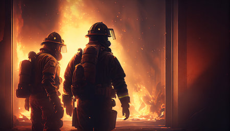 Firefighters fighting a fire in a burning building. Firefighters fighting a fire. Generative AIの素材