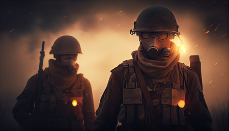 Man in gas mask with flashlight and soldiers in the background. War concept. Generative AIの素材