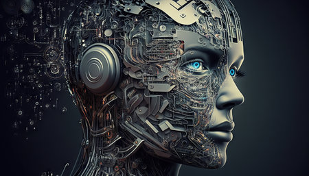 Generative AI of artificial intelligence robot head on dark background with circuit boardの素材