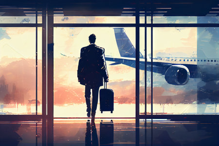 Silhouette of a businessman in an airport waiting for his flight. Generative AIの素材