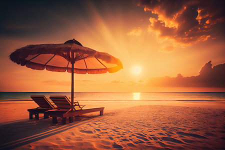 Beautiful sunset on the beach with umbrella and chair - Vintage filter. Generative AIの素材