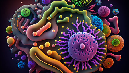 Microscopic view of virus cells. Generative AI illustration.の素材