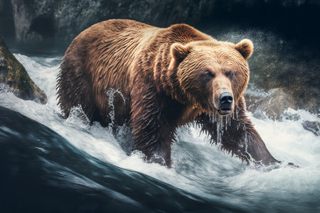 Grizzly bear swims in the river. Wildlife scene from nature. Generative AIの素材